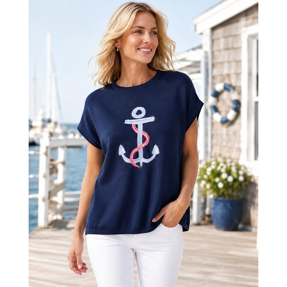 438. Aaeda Navy Blue Anchor Knit Short Sleeve Sweater Top Nautical Crew Neck